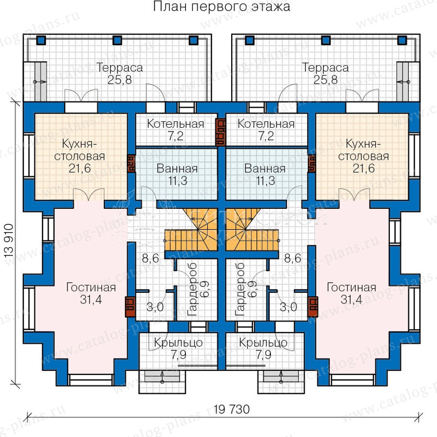 Проект таунхауса на 2 семьи с отдельными входами проект